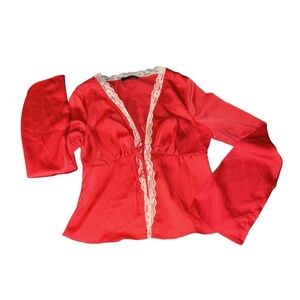 Red Satin Lace Trim Blouse S – Romantic Long Sleeve Tie Front Top